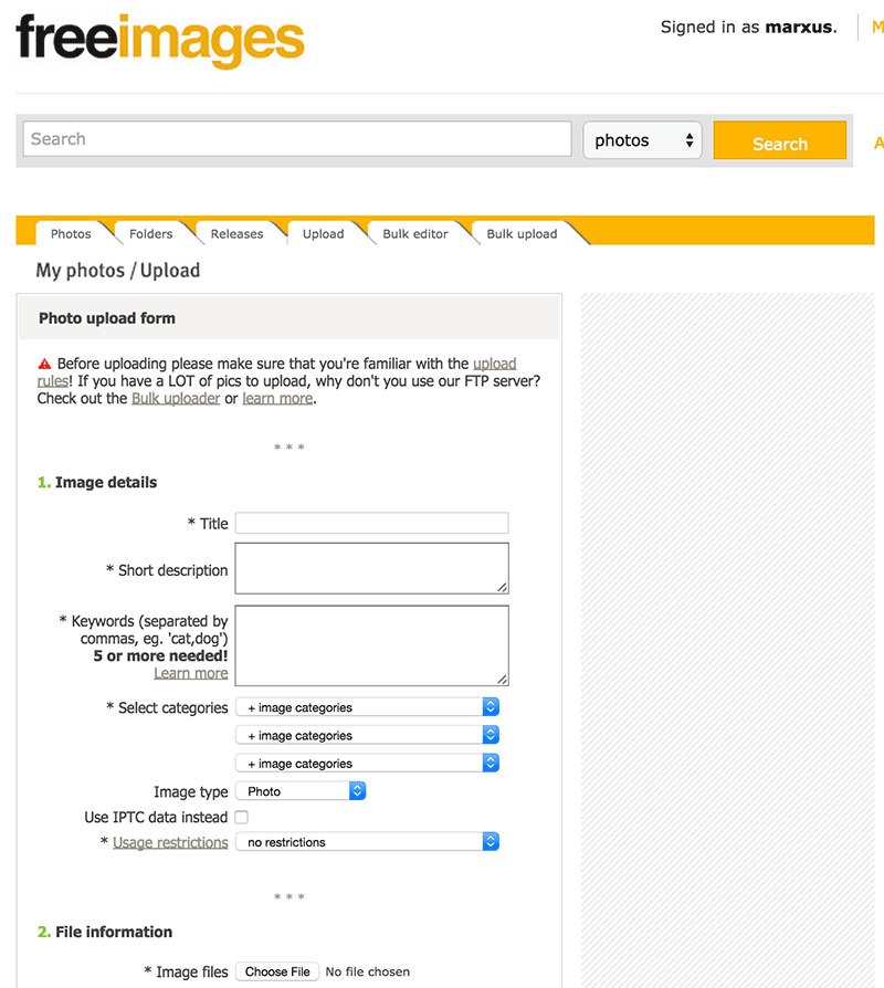 Bild 22: Stockfoto-sajten freeimages.com kräver minst fem nyckelord för att man ska kunna spara en bild. Dessutom kan man ange upp till tre kategorier.