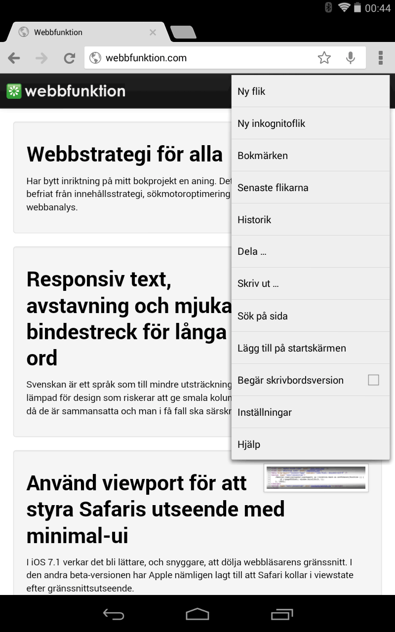 Bild 52: I Android kan man begära att få skrivbordsversionen av en webbplats. Användbart om man inte gillar webbplatsen i den utgåva man fått den.