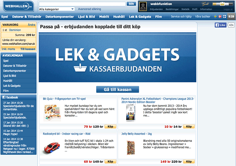 Bild 60: Webhallen försöker få kund att plocka med några kassaerbjudanden som kompletterar kundvagnens kategori. I kundvagnen ligger ett brädspel.