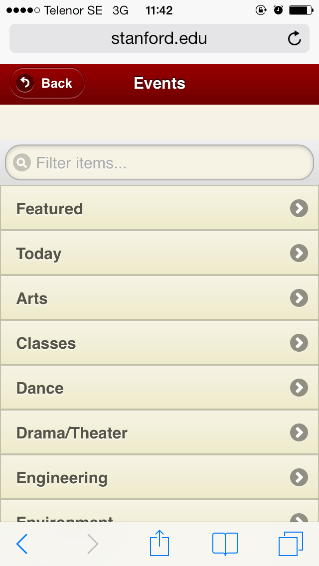 Bild 71: Många tidiga mobilanpassade webbplatser såg ut på detta vis. Designspråk som liknade iPhones gränssnitts- komponenter genom att använda ramverket jQuery Mobile.