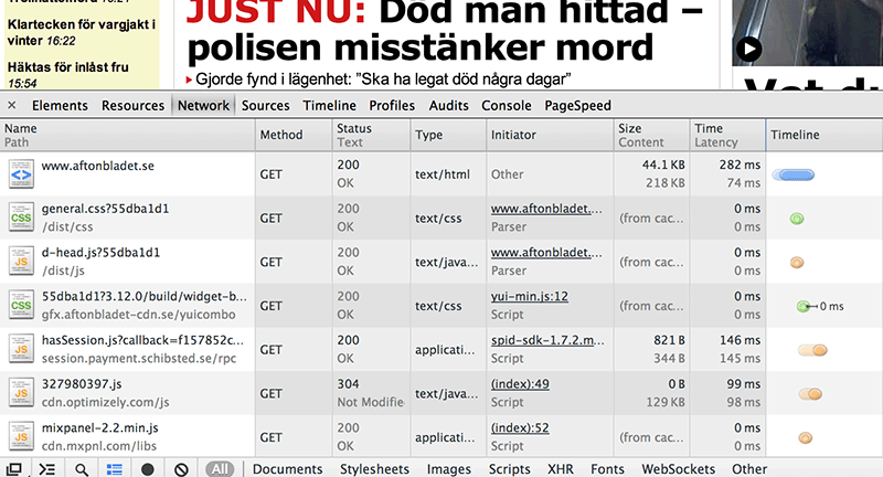 Bild 88: Tidslinjen i Chrome visar nedladdnings- information om varje fil som hämtas för att visa en webbsida.