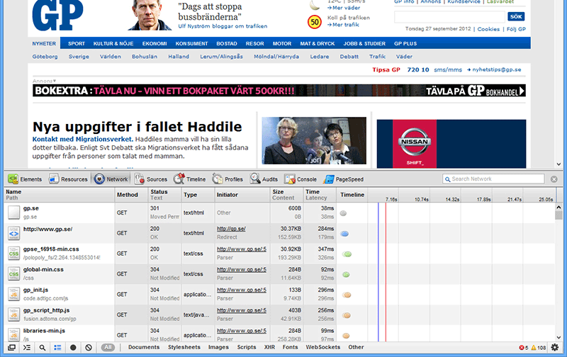 Bild 91: I Google Chrome kan man i utvecklarläget ta del av information om alla filer som tagits emot för sidvisningen.